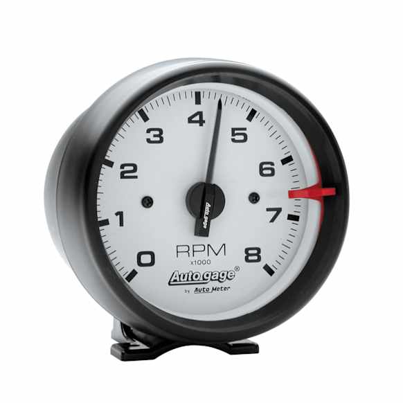 2303 Autogage Series Gauge, Tach, 3 3/4in. 8K Rpm, Pedestal, Wht Dial Blk Case.