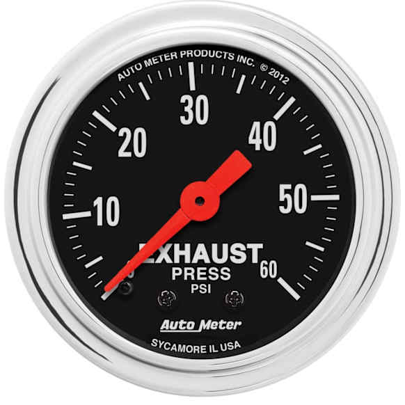 2415 Traditional Chrome Series Gauge, Exhaust Press, 2 1/16in. 60Psi, Mechanical.