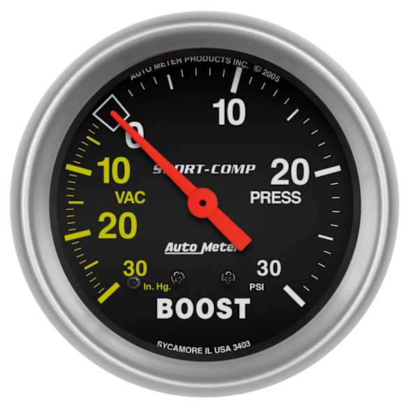 3403 Sport-Comp Series Gauge, Vac/Boost, 2 5/8in. 30Inhg-30Psi, Mechanical.