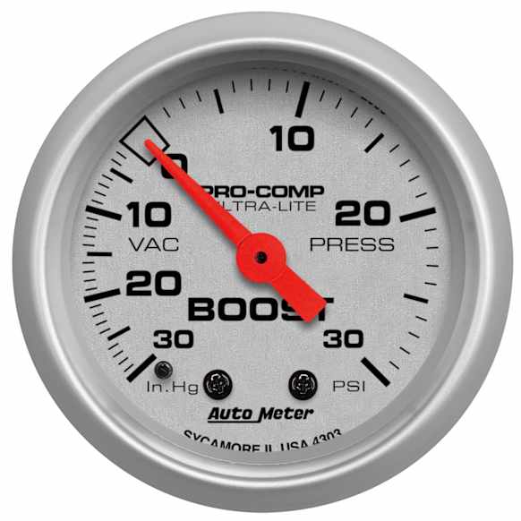 4303 Ultra-Lite Series Gauge, Vac/Boost, 2 1/16in. 30Inhg-30Psi, Mechanical.