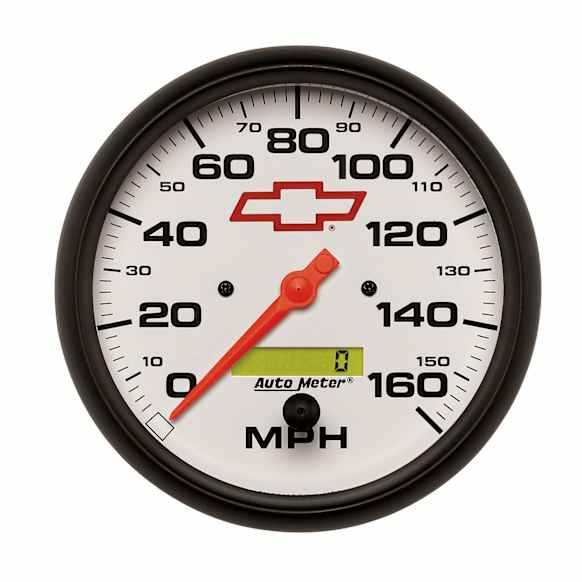 5889-00406 Chevy Red Bowtie Series Gauge, Speedometer, 5in. 160Mph, Electric Programmable, White.