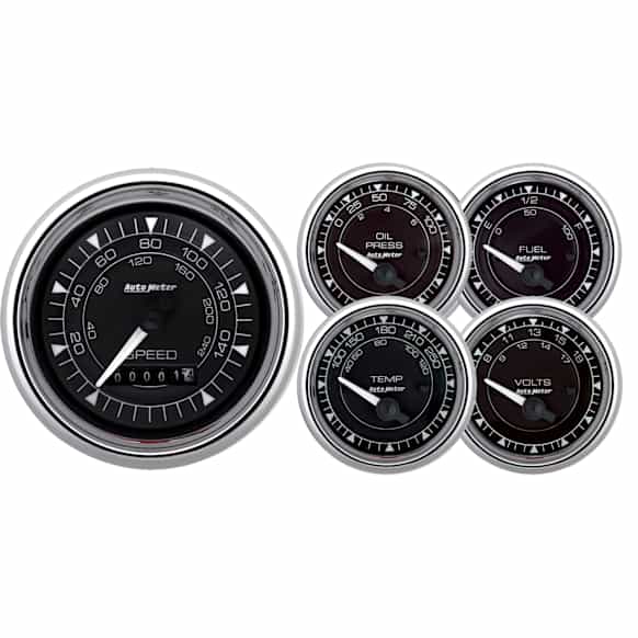 9708 Chrono Series Gauge Kit, 5 Pc. 3 3/8in. & 2 1/16in. Elec. Speedometer, Chrome.