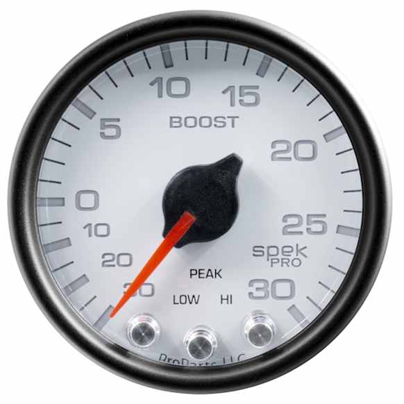 P30212 Spek Series Gauge, Vac/Boost, 2 1/16in. 30Inhg-30Psi, Stepper Motor W/Pk & Wrn, Wht/Blk.