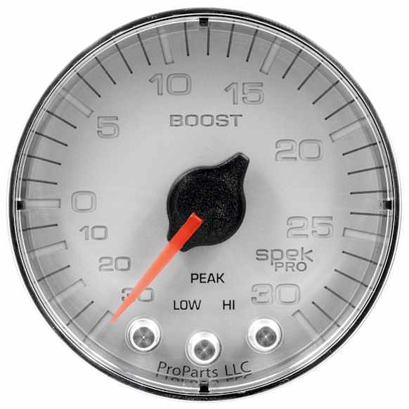 P302218 Spek Series Gauge, Vac/Boost, 2 1/16in. 30Inhg-30Psi, Stepper Mtr W/Pk & Wrn,Slvr/Chrme.