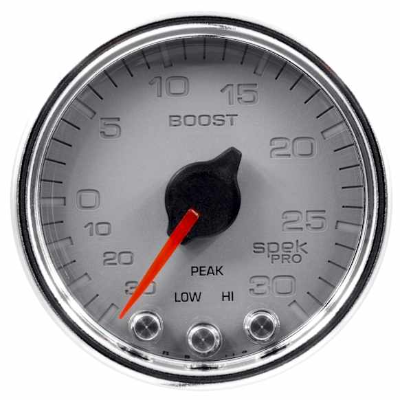 P30221 Spek Series Gauge, Vac/Boost, 2 1/16in. 30Inhg-30Psi, Stepper Mtr W/Pk & Wrn,Slvr/Chrme.