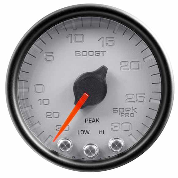 P30222 Spek Series Gauge, Vac/Boost, 2 1/16in. 30Inhg-30Psi, Stepper Mtr W/Pk & Wrn,Slvr/Blk.
