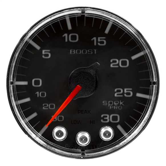 P302318 Spek Series Gauge, Vac/Boost, 2 1/16in. 30Inhg-30Psi, Stepper Mtr W/Pk & Wrn, Blk/Chrme.