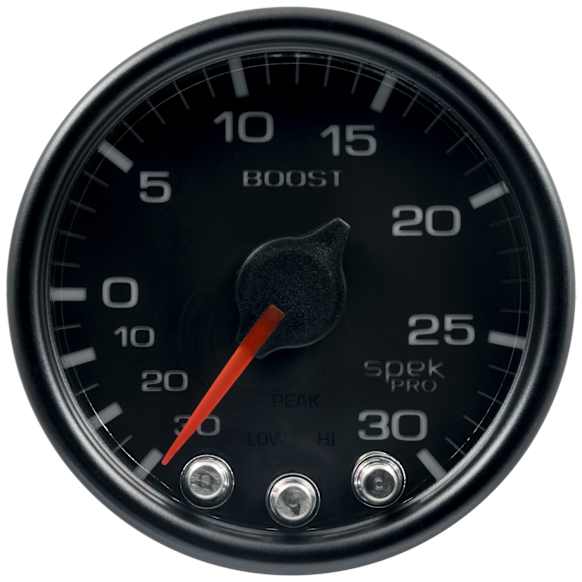 P30232 Spek Series Gauge, Vac/Boost, 2 1/16in. 30Inhg-30Psi, Stepper Motor W/Pk & Wrn, Blk/Blk.