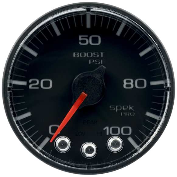 P305328 Spek-Pro Series Gauge, Boost, 2 1/16in. 100Psi, Stepper Motor W/Peak & Warn, Blk/Blk.