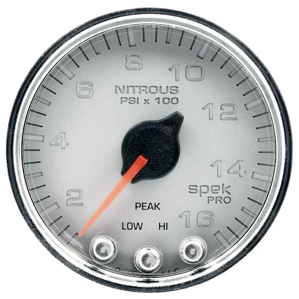 P32021 Spek Series Gauge, Nitrous Press, 2 1/16in. 1600Psi, Stepper Mtr W/Pk & Wrn, Slvr/Chrm.