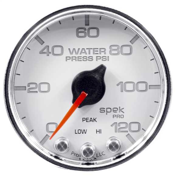 P34511 Spek Series Gauge, Water Press, 2 1/16in. 120Psi, Stepper Motor W/Peak & Warn, Wht/Chrm.