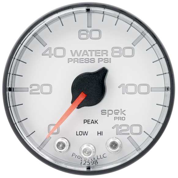 P345128 Spek Series Gauge, Water Press, 2 1/16in. 120Psi, Stepper Motor W/Peak & Warn, Wht/Blk.