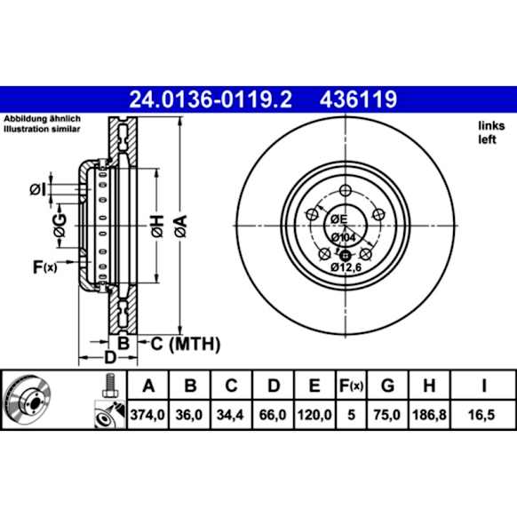 436119 Front, Driver Side Brake Disc, Plain Surface, Vented, 5 Lugs, 374 mm, 4.4L, 8Cyl