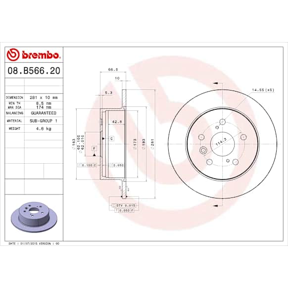 2015 Lexus ES350 - Rear, Driver or Passenger Side Brake Disc, Coated, Plain Surface, Solid, 5 Lugs, 281 mm, 3.5L 6Cyl, PRIME UV Coated Series