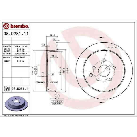 08.D281.11 Rear, Driver or Passenger Side Brake Disc, Coated, Plain Surface, Solid, 5 Lugs, 309 mm, PRIME UV Coated Series