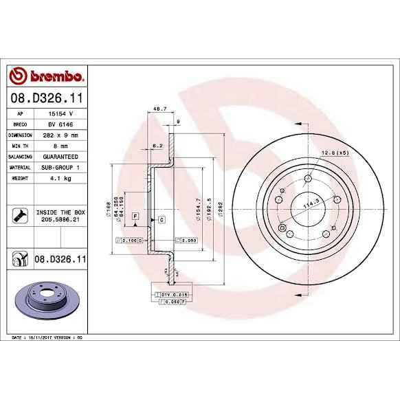 2022 Acura ILX - Rear, Driver or Passenger Side Brake Disc, Coated, Plain Surface, Solid, 5 Lugs, 282 mm, 2.4L 4Cyl, PRIME UV Coated Series