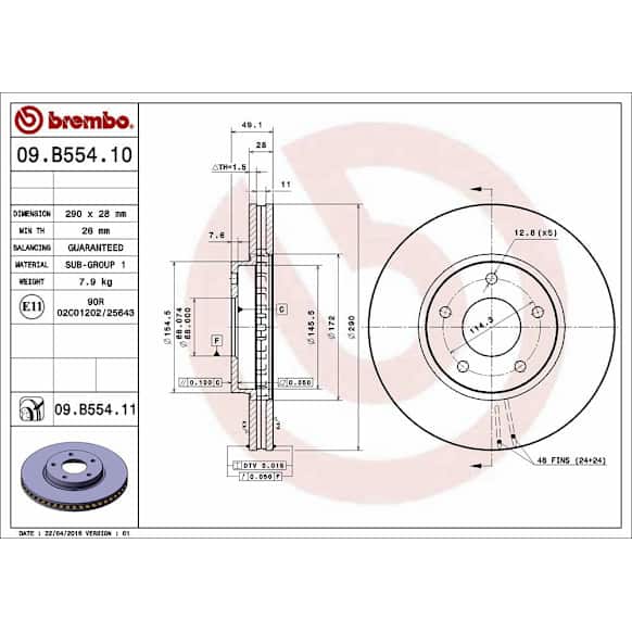 09.B554.11 Front Brake Disc, Plain Surface, Vented, 5 Lugs, 290 mm, 3.5L, 6Cyl, Premium UV Coated Series