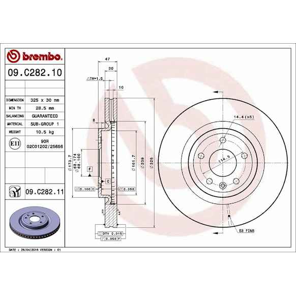 09.C282.11 Front Brake Disc, Plain Surface, Vented, 5 Lugs, 325 mm, Premium UV Coated Series