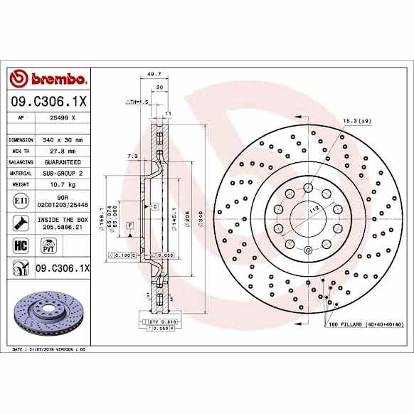 09.C306.1X Front Brake Disc, Cross-Drilled, Vented, 9 Lugs, 340 mm, Xtra Series