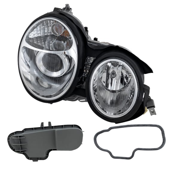 Driver and Passenger Side Headlights, with Bulbs, Halogen, Clear Lens, Chrome Interior, Projector Type