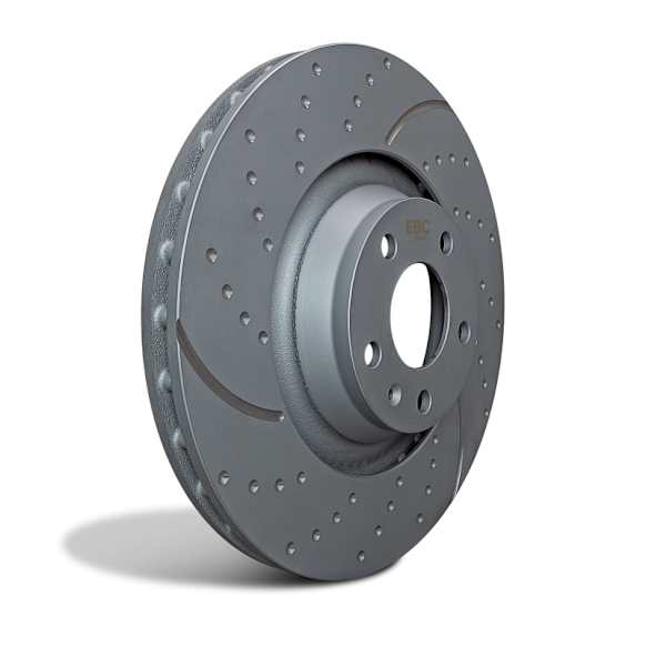 GD7590 Rear Brake Disc, Silver Grey Geomet, Dimpled and Slotted, 5 Lugs, 297.18 mm, GD Sport Slotted And Dimpled