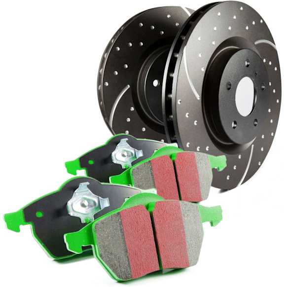 S10KF1199 Front Brake Disc and Pad Kit, Silver Grey Geomet, Dimpled and Slotted, 5 Lugs, Aramid Fiber, S10 Greenstuff 2000 and GD Sport Slotted and Dimpled Rotors