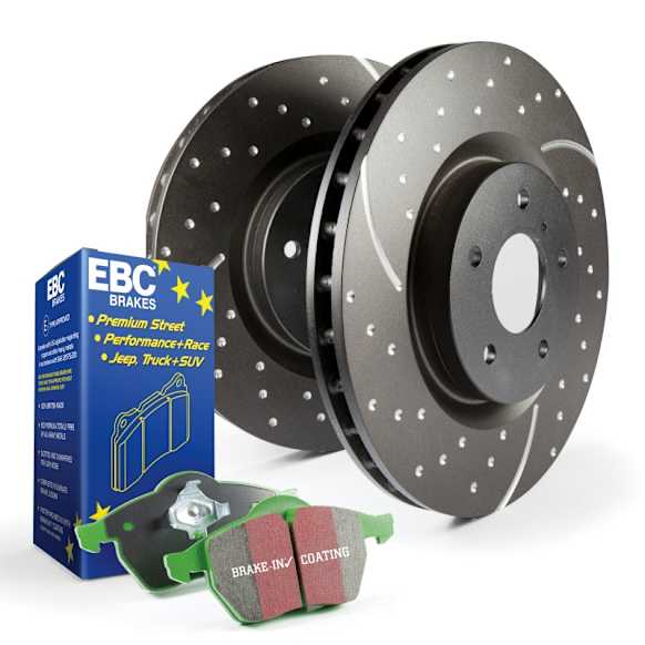 S10KF1292 Front Brake Disc and Pad Kit, Silver Grey Geomet, Dimpled and Slotted, 5 Lugs, Aramid Fiber, S10 Greenstuff 2000 and GD Sport Slotted and Dimpled Rotors