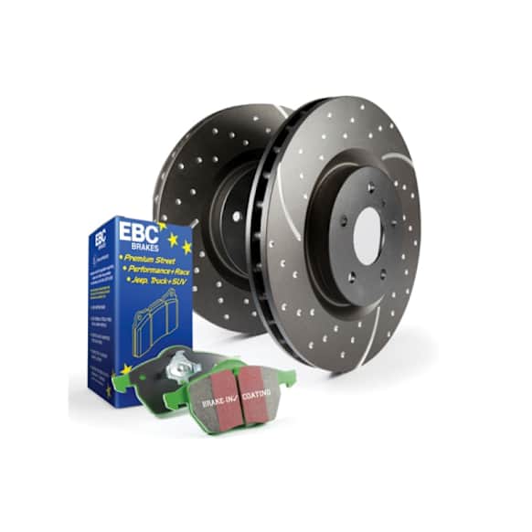 S10KF1316 Front Brake Disc and Pad Kit, Silver Grey Geomet, Dimpled and Slotted, 5 Lugs, Aramid Fiber, S10 Greenstuff 2000 and GD Sport Slotted and Dimpled Rotors