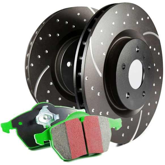 S10KR1227 Rear Brake Disc and Pad Kit, Silver Grey Geomet, Dimpled and Slotted, 5 Lugs, Aramid Fiber, S10 Greenstuff 2000 and GD Sport Slotted and Dimpled Rotors