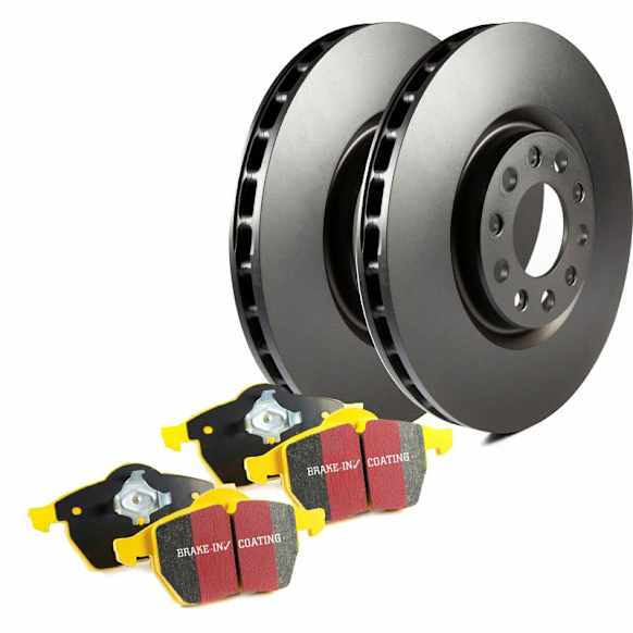 2008 GMC Acadia - Front Brake Disc and Pad Kit, Silver Grey Geomet, Plain Surface, 6 Lugs, Aramid Fiber, FMSI Pad No. D1169, 3.6L 6Cyl, S13 Yellowstuff Sport Pad and RK Premium Rotors
