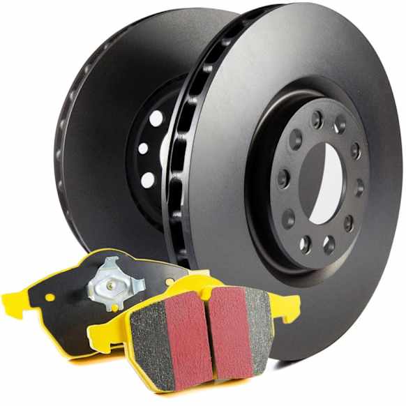 2017 Volkswagen Golf R - Rear Brake Disc and Pad Kit, Silver Grey Geomet, Plain Surface, 5 Lugs, Aramid Fiber, FMSI Pad No. D1761, 2.0L 4Cyl, S13 Yellowstuff Sport Pad and RK Premium Rotors