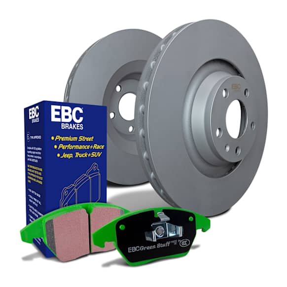 S14KF1366 Front Brake Disc and Pad Kit, Silver Grey Geomet, Plain Surface, 6 Lugs, Aramid Fiber, S14 Greenstuff 6000 Sport Pad and RK Premium Rotors