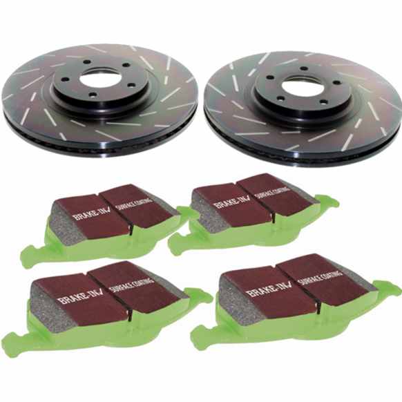 S2KF1201 Front Brake Disc and Pad Kit, Silver Grey Geomet, Slotted, 5 Lugs, 281.94 mm, Aramid Fiber, S2 Greenstuff 2000 and USR Sport Slotted Rotors