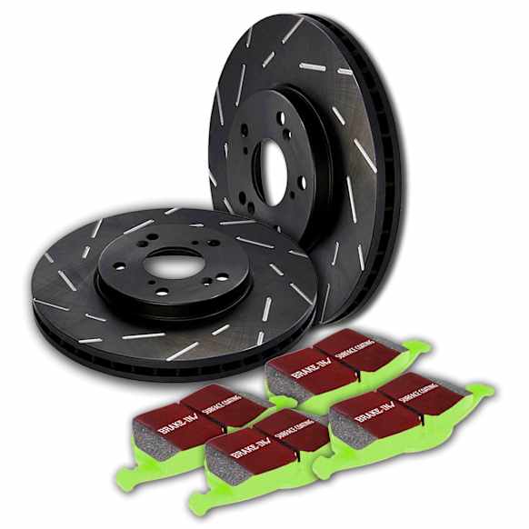 S2KR1294 Rear Brake Disc and Pad Kit, Silver Grey Geomet, Slotted, 5 Lugs, 307.09 mm, Aramid Fiber, S2 Greenstuff 2000 and USR Sport Slotted Rotors