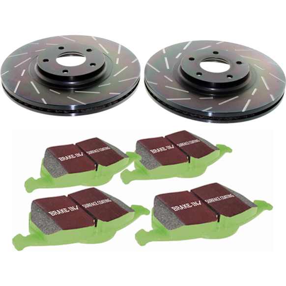 S2KR1890 Rear Brake Disc and Pad Kit, Silver Grey Geomet, Slotted, 5 Lugs, 307.59 mm, Aramid Fiber, S2 Greenstuff 2000 and USR Sport Slotted Rotors