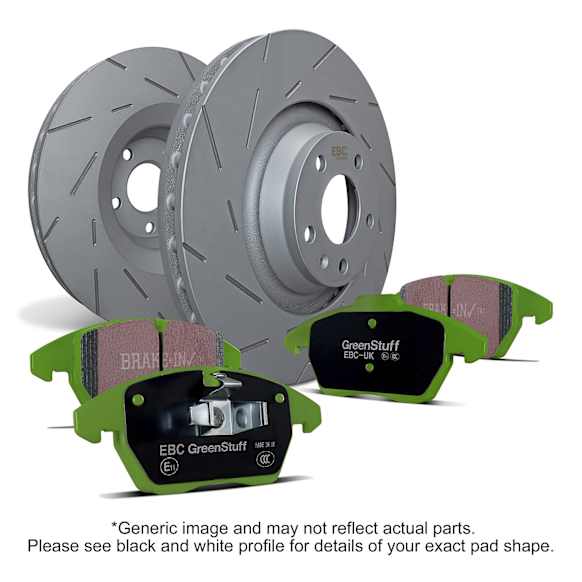 S2KR2690 Rear Brake Disc and Pad Kit, Silver Grey Geomet, Slotted, 8 Lugs, Aramid Fiber, S2 Greenstuff 6000 and USR Sport Slotted Rotors