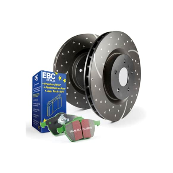 S3KF1047 Front Brake Disc and Pad Kit, Silver Grey Geomet, Dimpled and Slotted, 7 Lugs, 308.1 mm, Aramid Fiber, RWD, S3 Greenstuff 6000 and GD Sport Slotted and Dimpled Truck and SUV Rotors