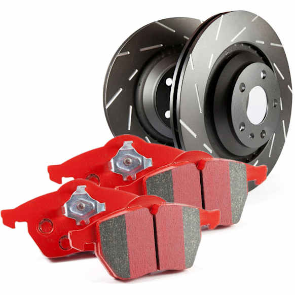 S4KF1631 Front Brake Disc and Pad Kit, Slotted 5 Lugs Aramid Fiber Ceramic S4 Redstuff Ceramic Pad and USR Sport Slotted Rotors
