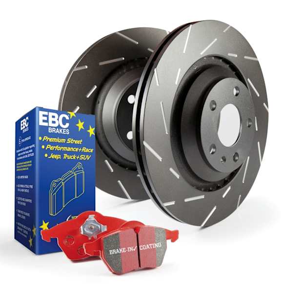 S4KR1016 Rear Brake Disc and Pad Kit, Silver Grey Geomet, Slotted, 6 Lugs, 355.09 mm, Aramid Fiber Ceramic, S4 Redstuff Ceramic Pad and USR Sport Slotted Rotors