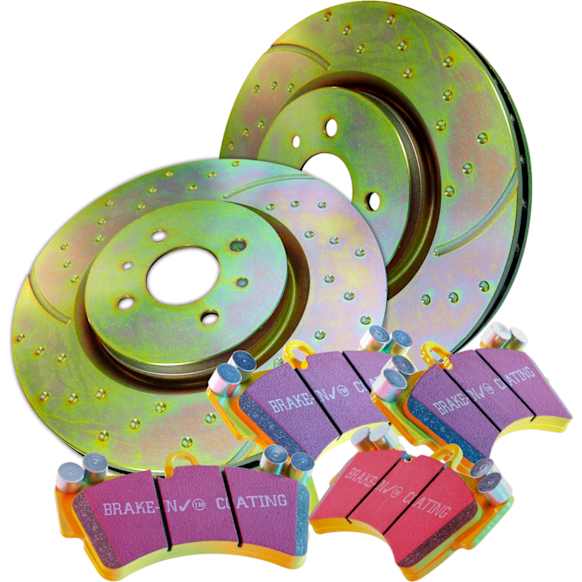 S5KF1082 Front Brake Disc and Pad Kit, Silver Grey Geomet, Dimpled and Slotted, 5 Lugs, 319.53 mm, Aramid Fiber, S5 Yellowstuff and GD Sport Slotted and Dimpled Super Street Rotors