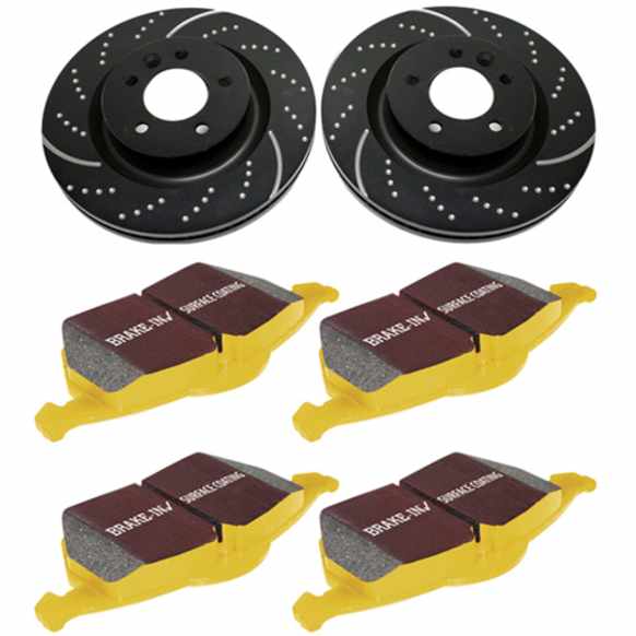 S5KF1171 Front Brake Disc and Pad Kit, Silver Grey Geomet, Dimpled and Slotted, 5 Lugs, 294.89 mm, Aramid Fiber, S5 Yellowstuff and GD Sport Slotted and Dimpled Super Street Rotors