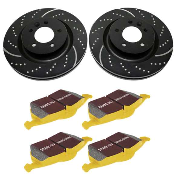 S5KF1202 Front Brake Disc and Pad Kit, Silver Grey Geomet, Dimpled and Slotted, 6 Lugs, 318.77 mm, Aramid Fiber, S5 Yellowstuff and GD Sport Slotted and Dimpled Super Street Rotors