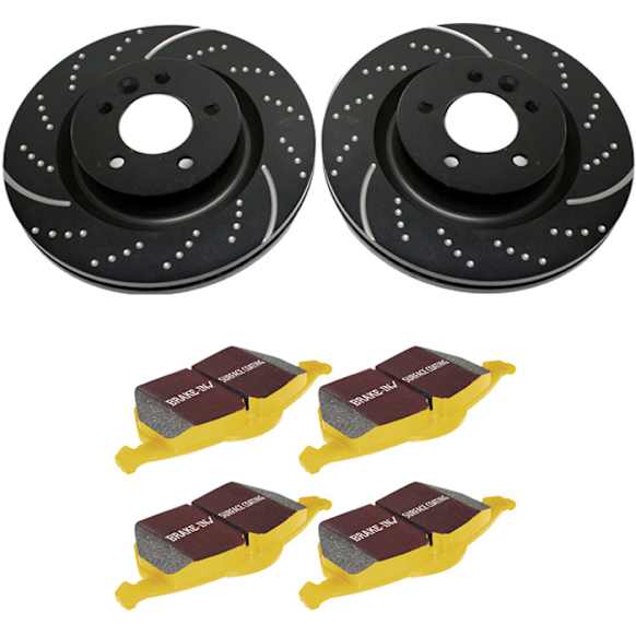 S5KF1272 Front Brake Disc and Pad Kit, Silver Grey Geomet, Dimpled and Slotted, 5 Lugs, 325.12 mm, Aramid Fiber, S5 Yellowstuff and GD Sport Slotted and Dimpled Super Street Rotors