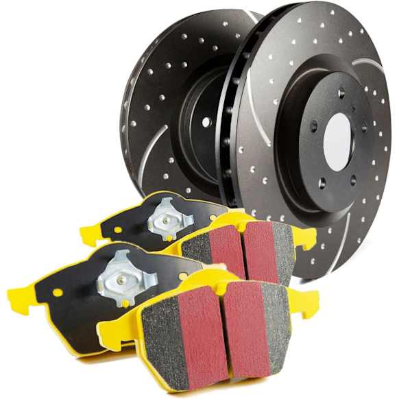 S5KF1695 Front Brake Disc and Pad Kit, Silver Grey Geomet, Dimpled and Slotted, 5 Lugs, Aramid Fiber, S5 Yellowstuff and GD Sport Slotted and Dimpled Super Street Rotors