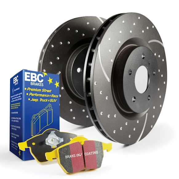 S5KR1384 Rear Brake Disc and Pad Kit, Silver Grey Geomet, Dimpled and Slotted, 5 Lugs, 281.94 mm, Aramid Fiber, S5 Yellowstuff and GD Sport Slotted and Dimpled Super Street Rotors
