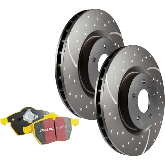 S5KR1682 Rear Brake Disc and Pad Kit, Dimpled and Slotted 5 Lugs Aramid Fiber S5 Yellowstuff and GD Sport Slotted and Dimpled Super Street Rotors
