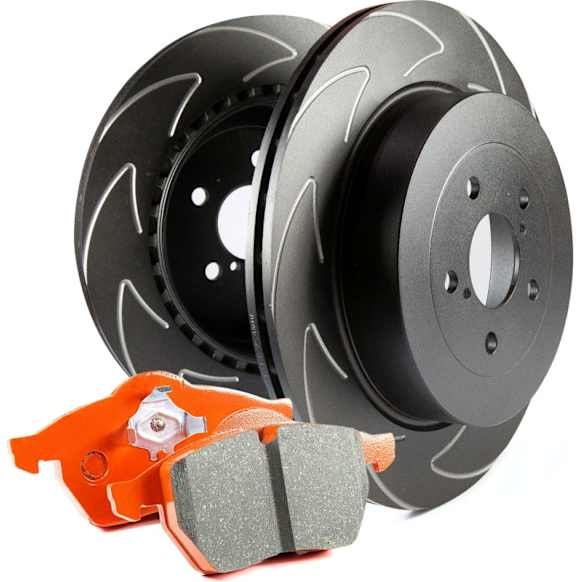 S8KF1097 Front Brake Disc and Pad Kit, Dimpled and Slotted 8 Lugs Aramid Fiber Ceramic S8 Orangestuff Pad and GD Sport Slotted and Dimpled Rotors