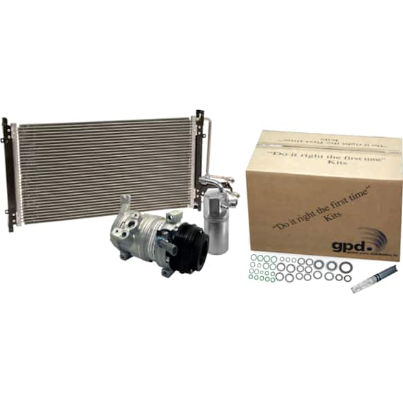 9623378A 4-Piece Kit A/C Compressor, With Clutch, 6-Groove Pulley, GPD OE Replacement, Includes (1) A/C Compressor, (1) A/C Expansion Valve, (1) A/C O-Ring and Gasket Seal Kit and (1) A/C Condenser