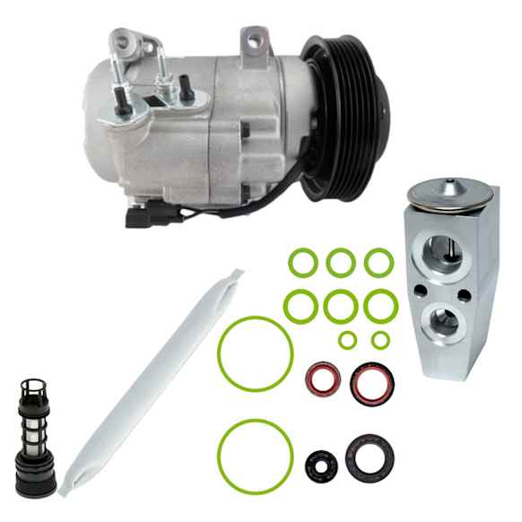 9642336 4-Piece Kit A/C Compressor, With Clutch, 6-Groove Pulley, 3.5L, 6Cyl, Includes (1) A/C Compressor, (1) Drier Desiccant Element, (1) A/C Expansion Valve and (1) A/C O-Ring and Gasket Seal Kit