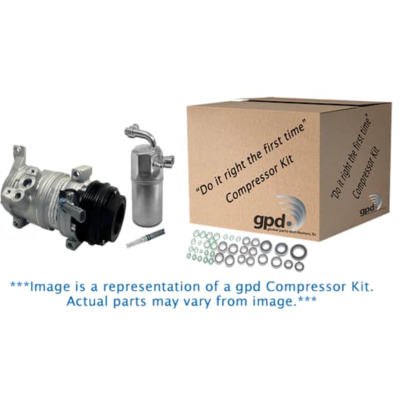 9644810 4-Piece Kit A/C Compressor, With Clutch, 7-Groove Pulley, 4.0L, 6Cyl, Includes (1) A/C Compressor, (1) Drier Desiccant Element, (1) A/C Expansion Valve and (1) A/C O-Ring and Gasket Seal Kit